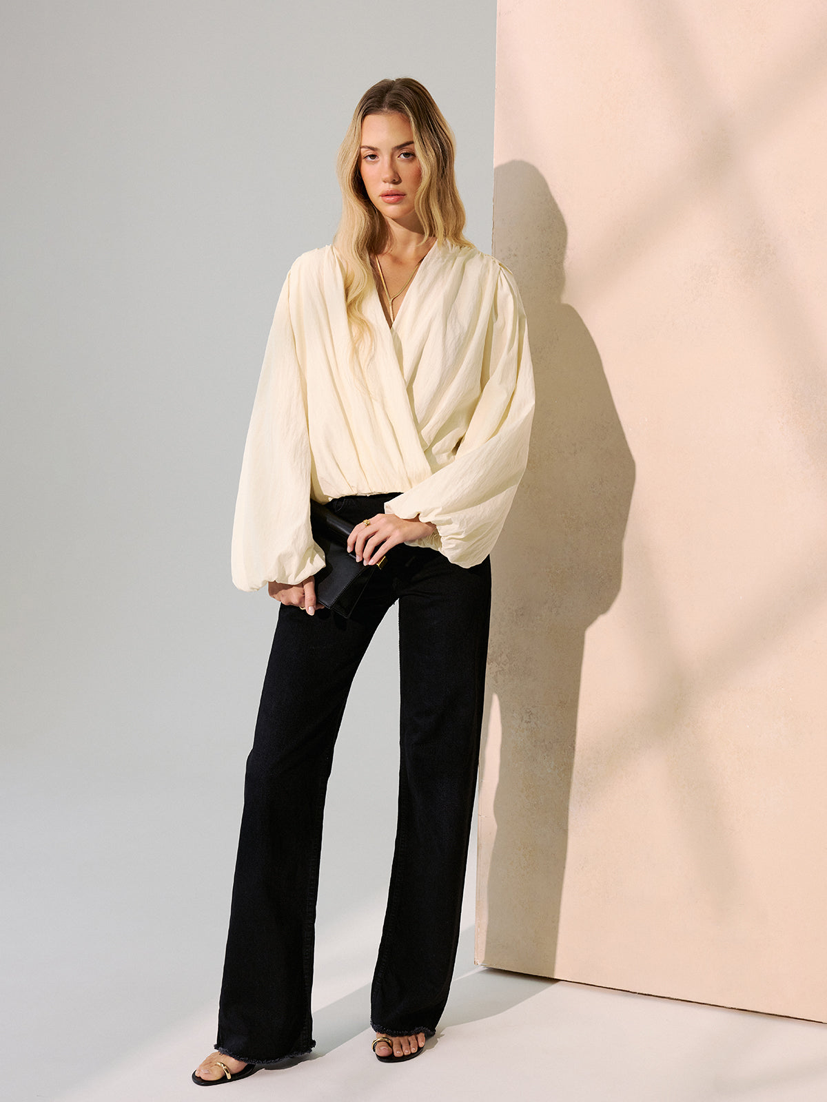 Wrap-Front Puff Sleeve Blouse