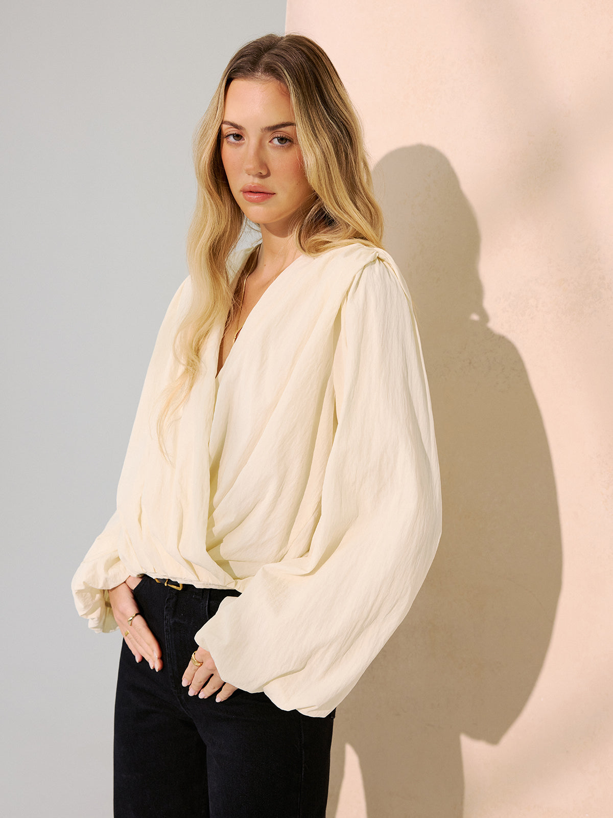 Wrap-Front Puff Sleeve Blouse