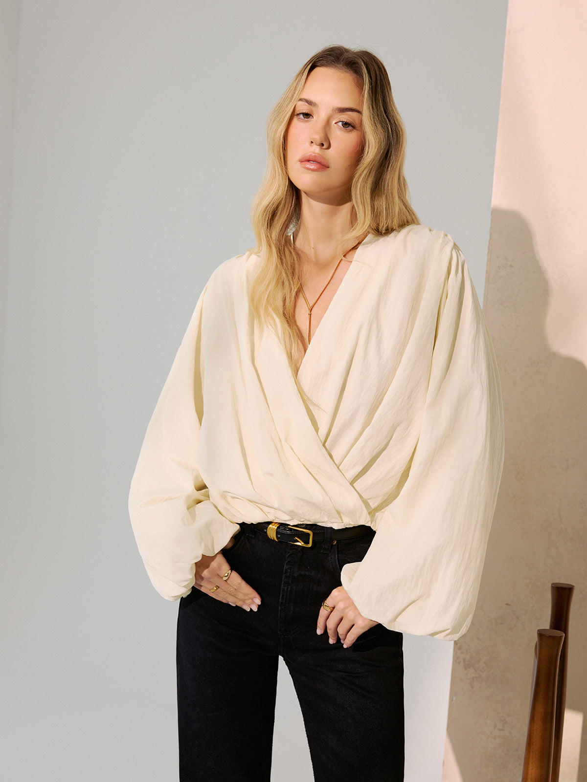 Wrap-Front Puff Sleeve Blouse