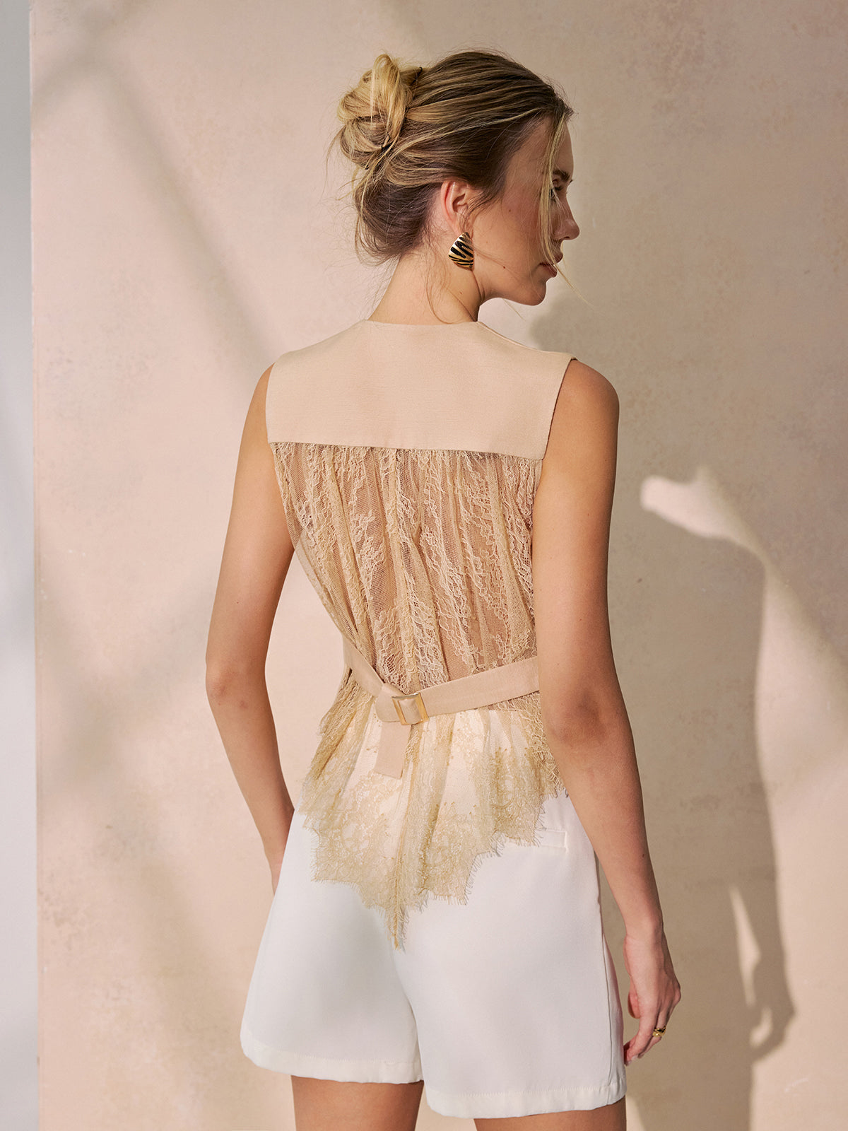 Lace Back Tie-Waist Linen Blend Vest