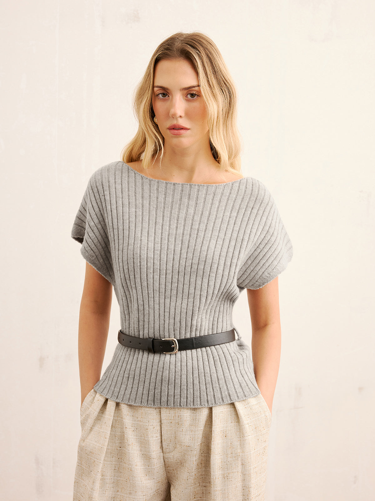 Belted Ribbed Knit Boat Neck Top