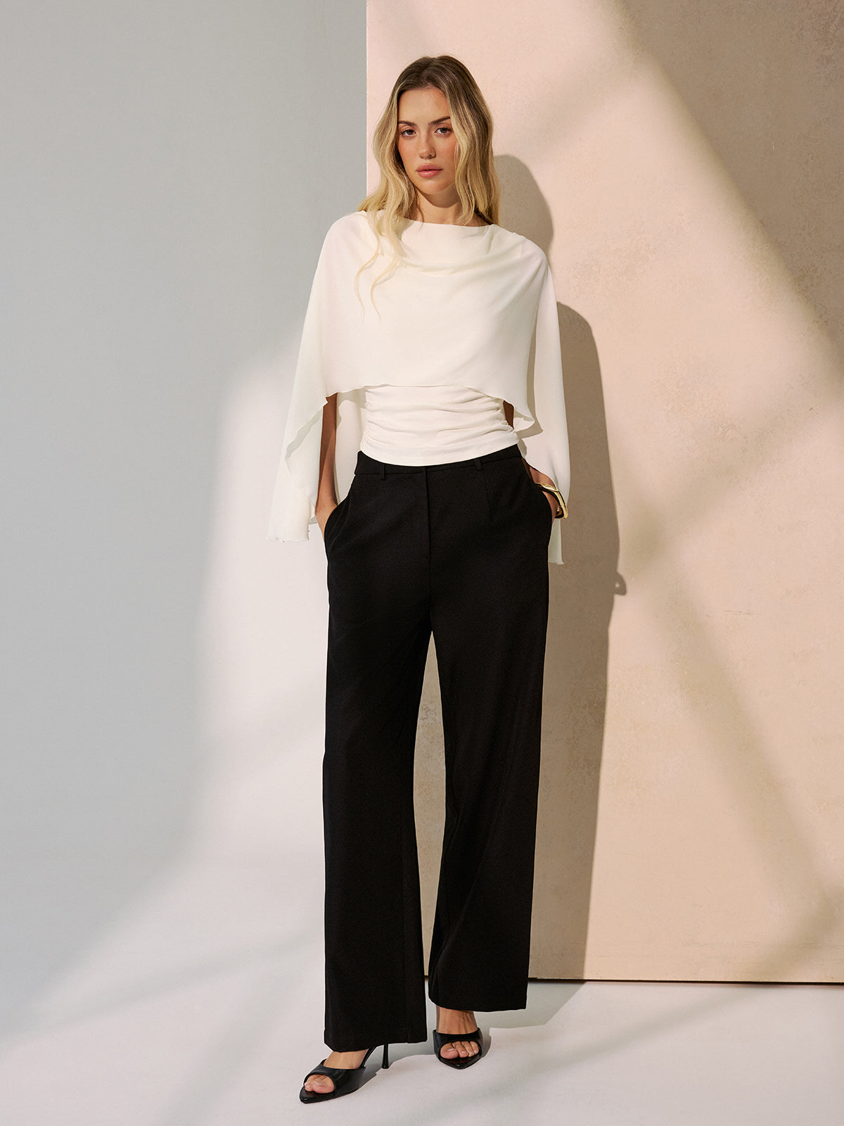 Backless Draped Cape-Sleeve Blouse