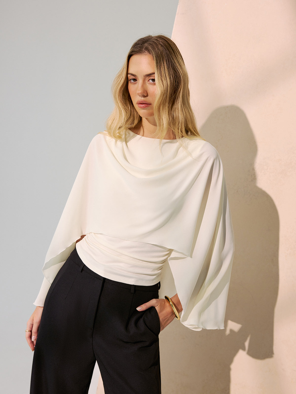 Backless Draped Cape-Sleeve Blouse