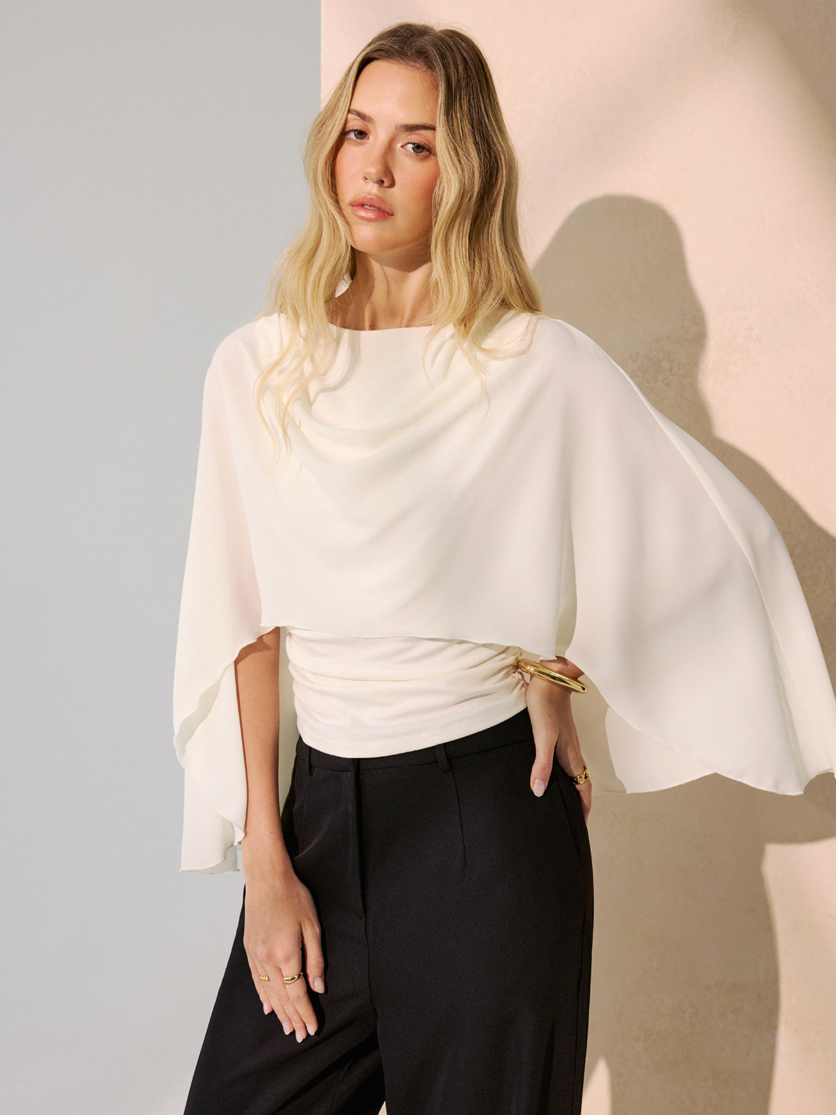 Backless Draped Cape-Sleeve Blouse