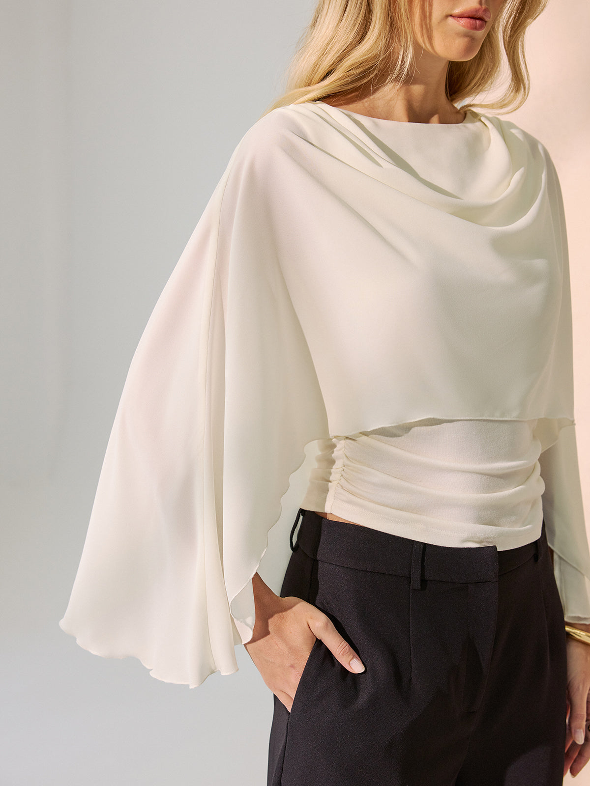 Backless Draped Cape-Sleeve Blouse