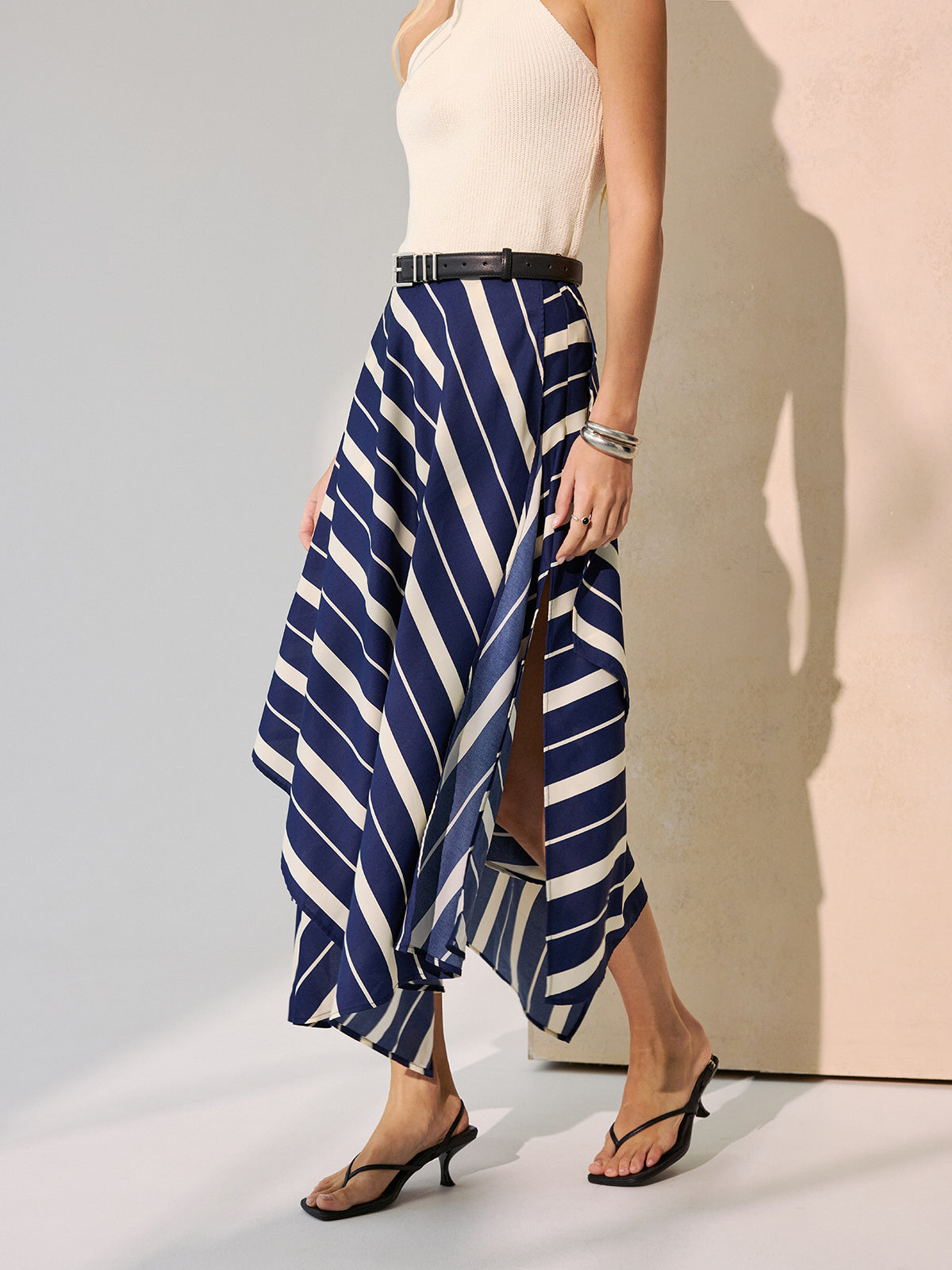 Diagonal Stripe Asymmetric Midi Skirt without Belt