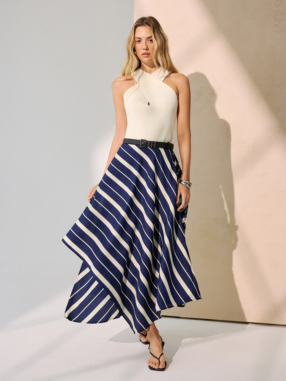 Diagonal Stripe Asymmetric Midi Skirt without Belt