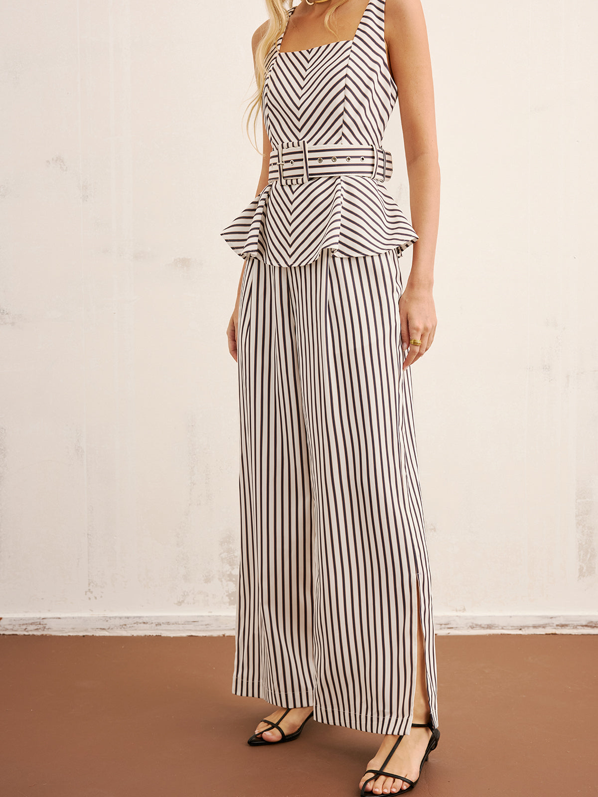 Striped Peplum Top & Wide-Leg Pants Set