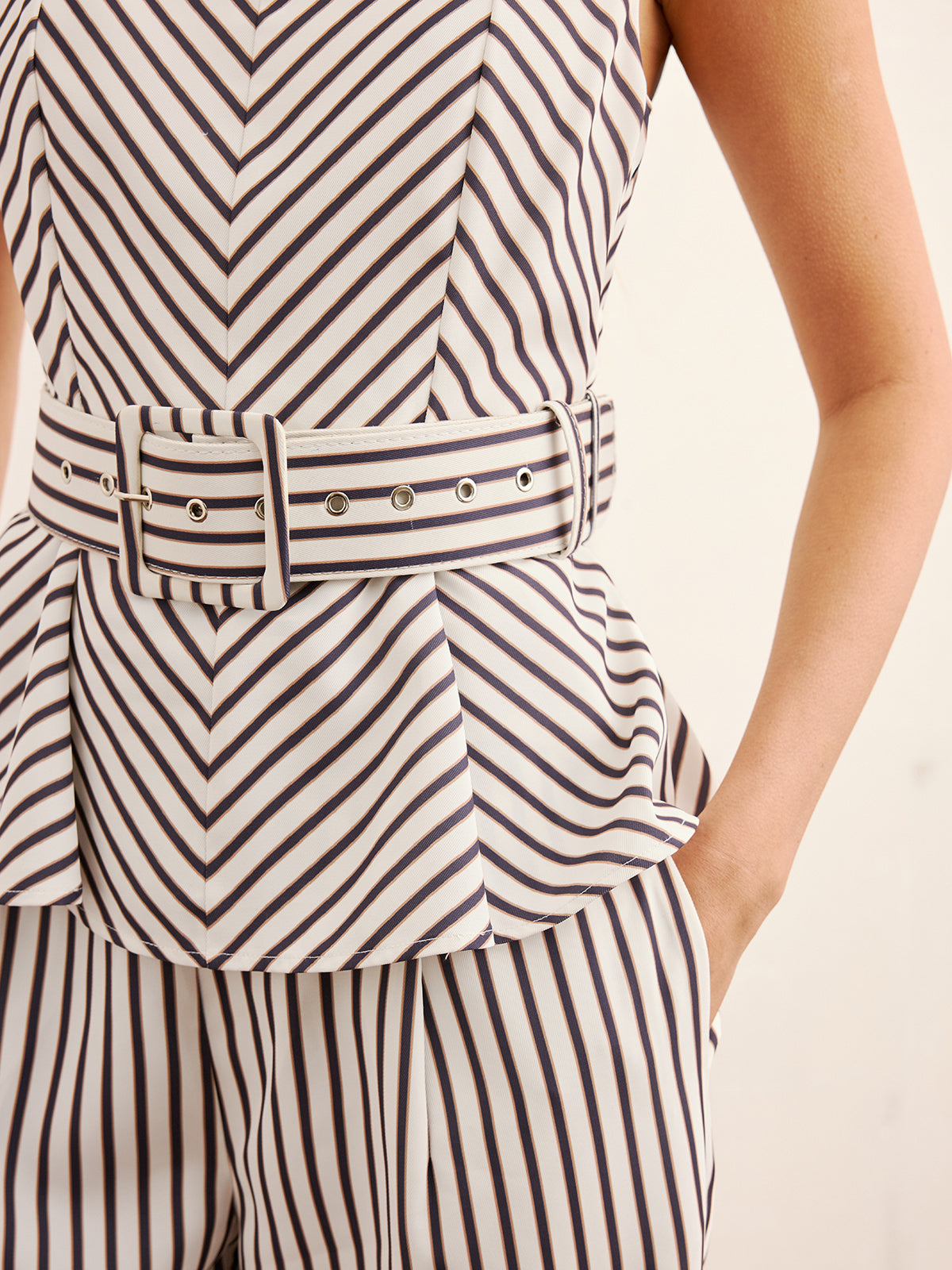 Striped Peplum Top & Wide-Leg Pants Set
