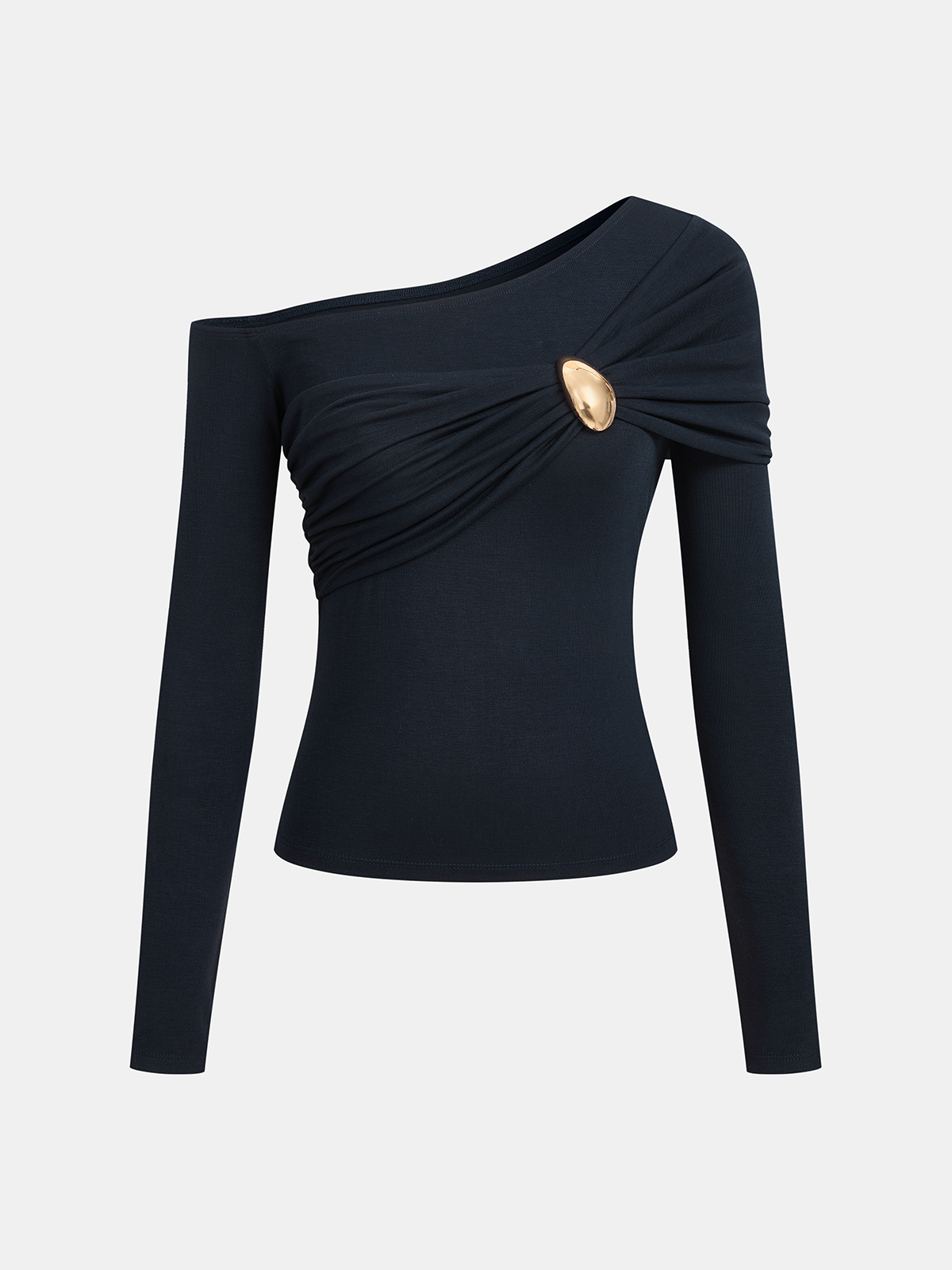 Ein-Schulter-Oberteil mit Raffungen, Metallschnalle und langen Ärmeln