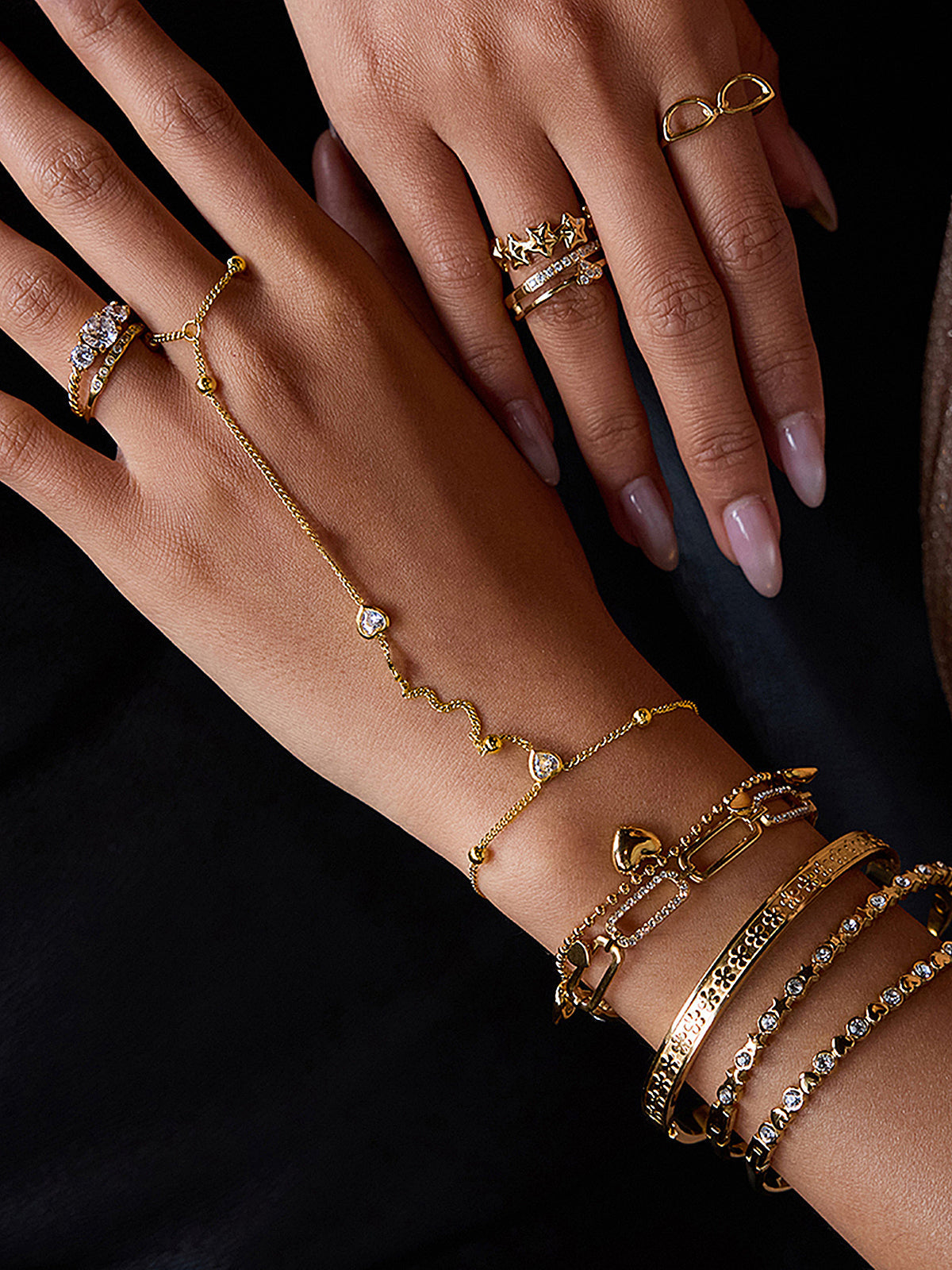Beaded Heart Zircon Finger Chain Bracelet