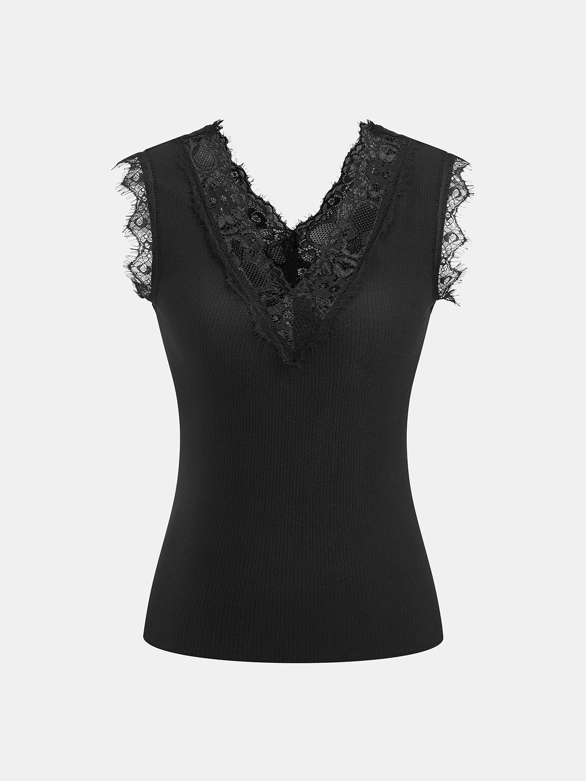 Lace V-Neck Ribbed Sleeveless Tank Top