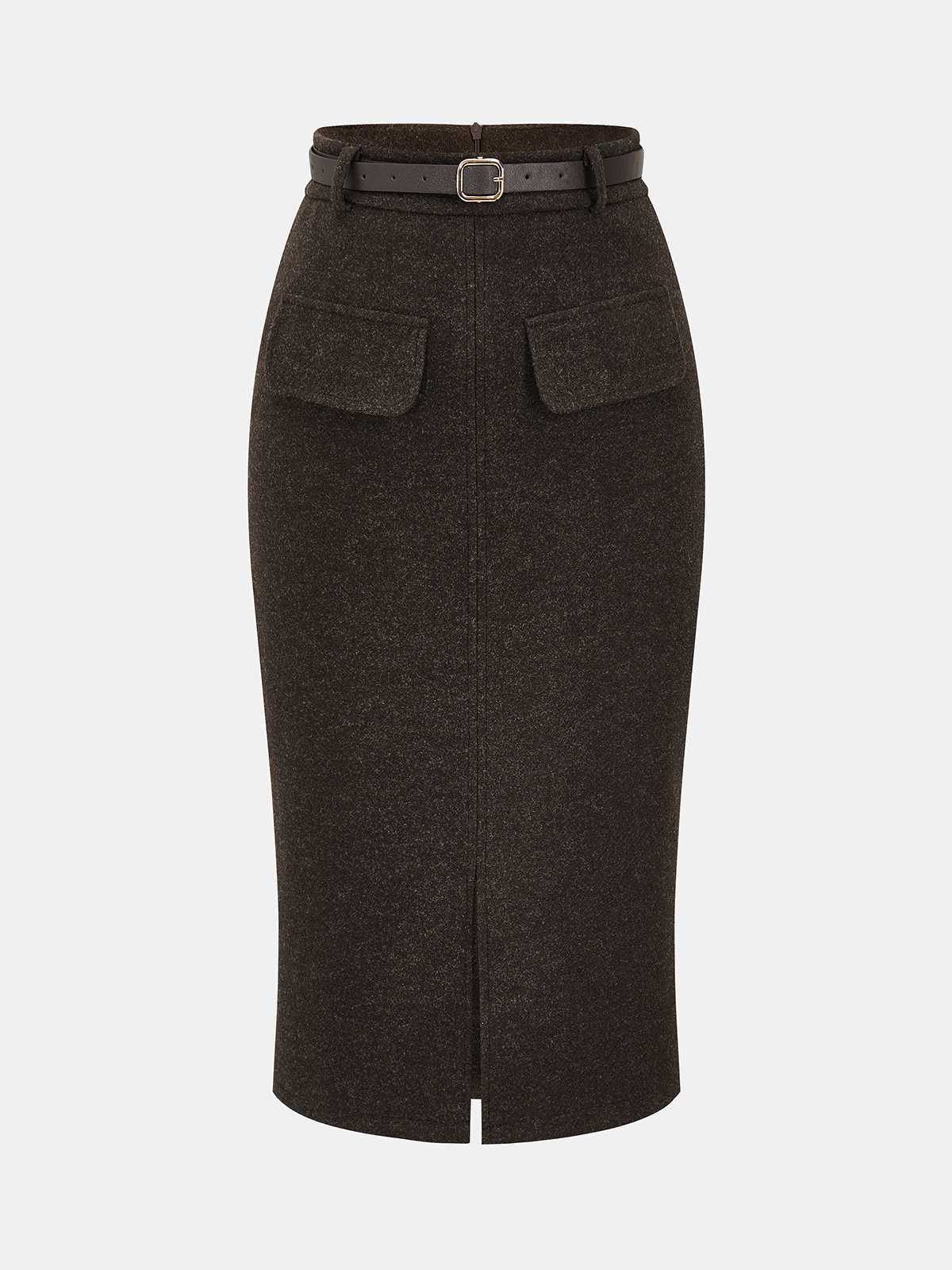 Faux Cashmere Belted Slit Pencil Skirt