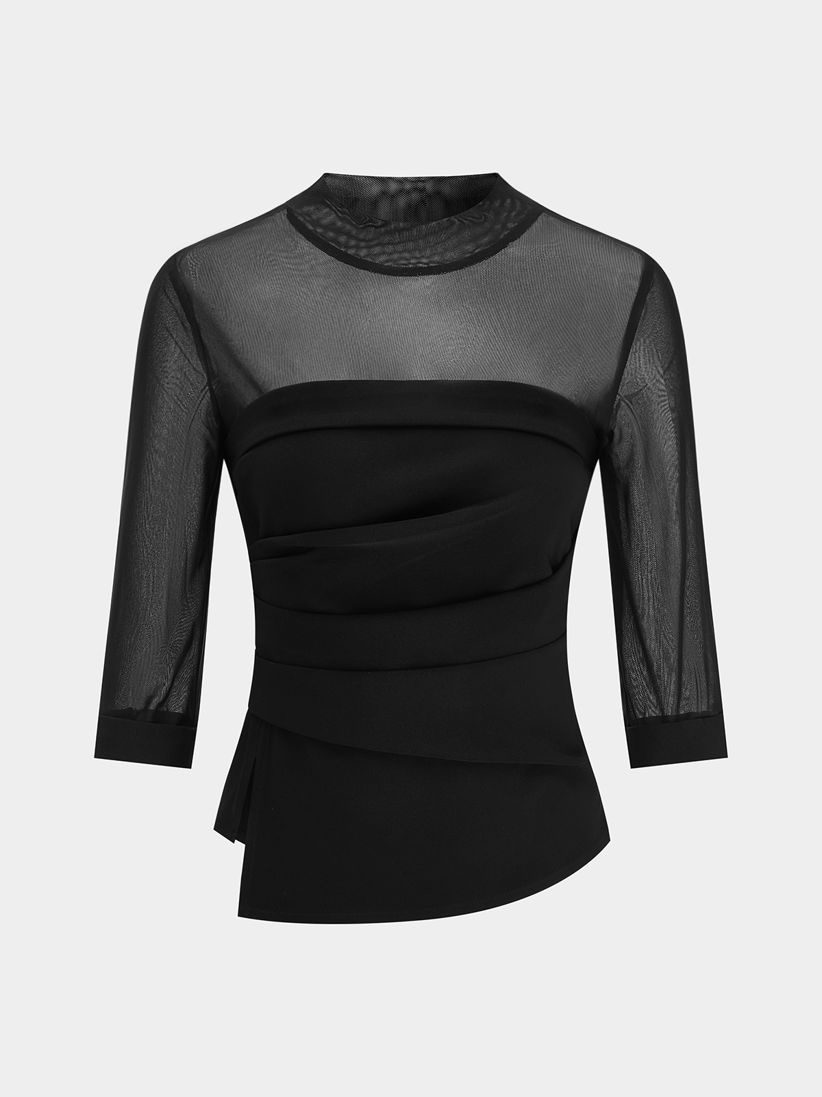 Sheer Panel Asymmetrical Ruched Blouse
