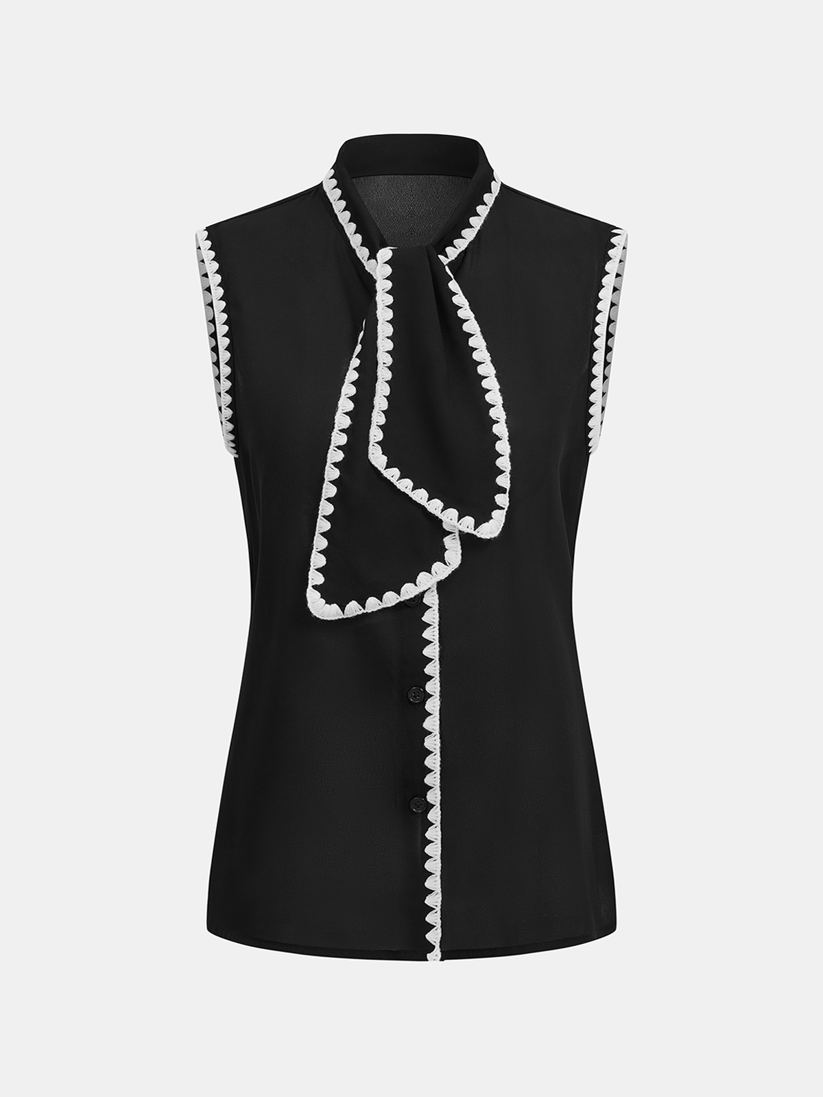 Scalloped Trim Tie-Neck Sleeveless Blouse