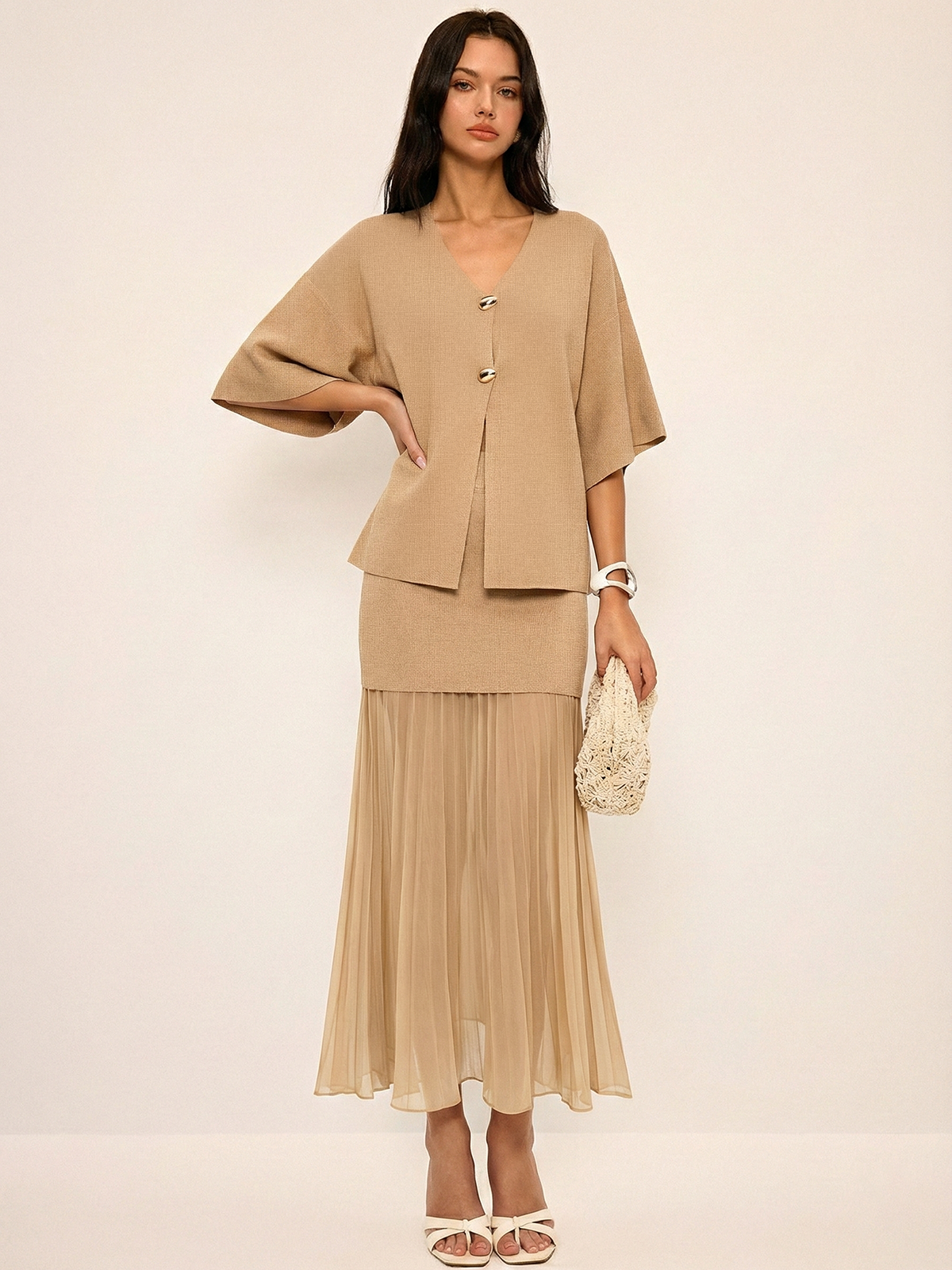V-Neck Knit Top & Pleated Skirt Set