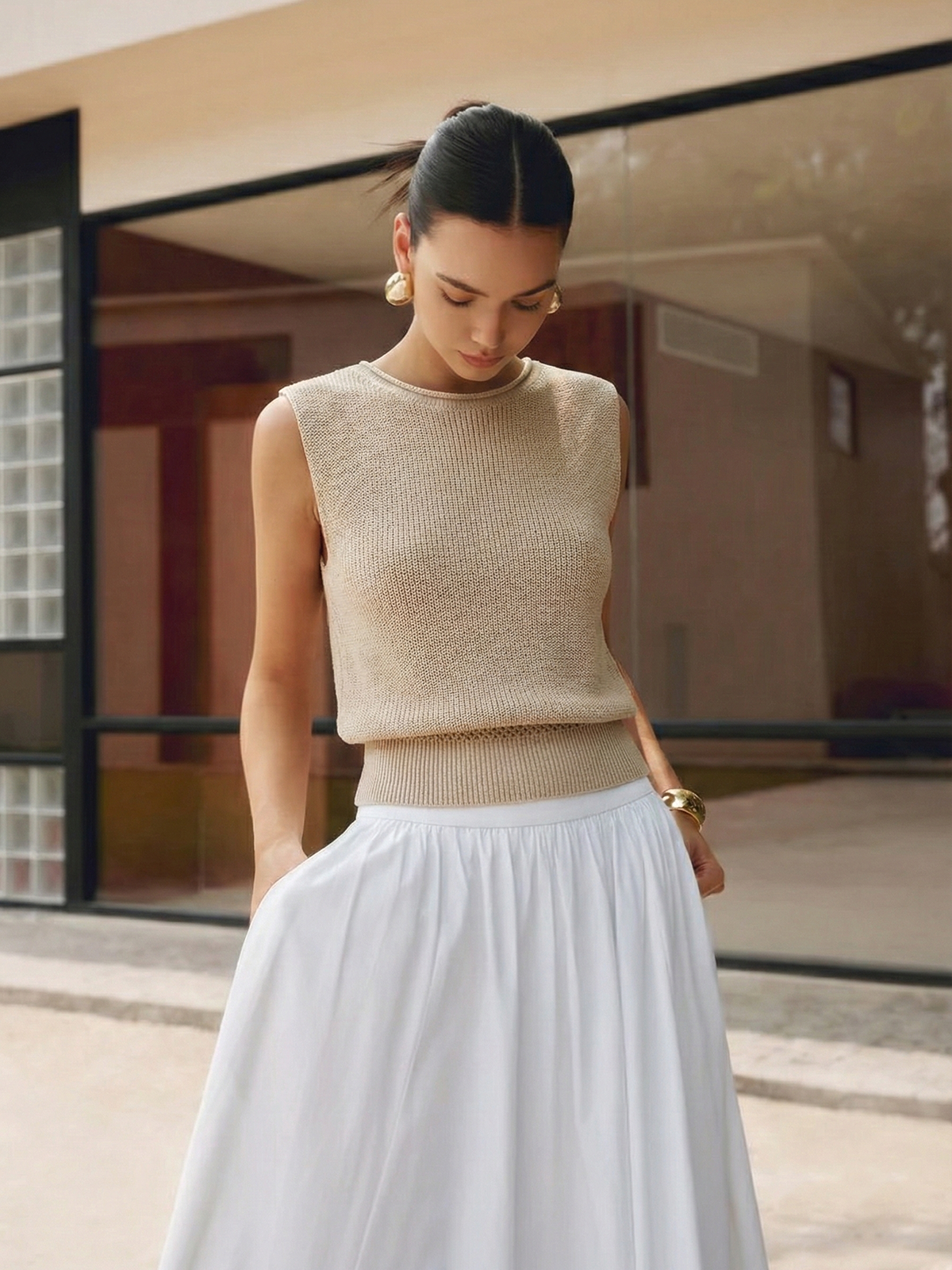 Haut en maille sans manches à taille blousante