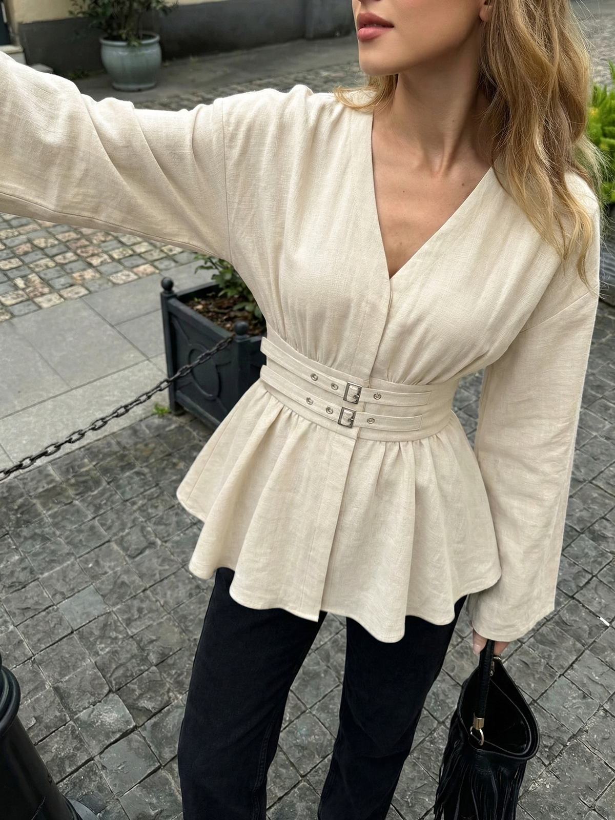 Cotton Blend Double-Buckle Peplum Blouse