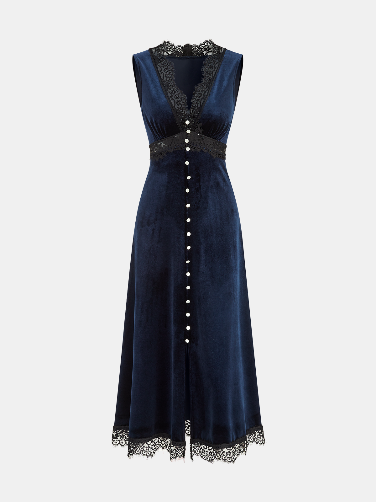 Midikleid aus Samt mit V-Ausschnitt und Spitzeneinsatz