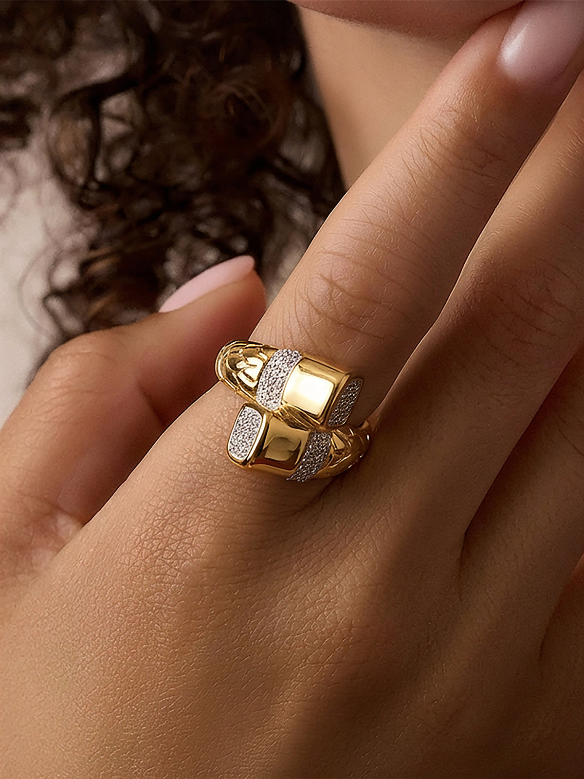 Gold Plated Pave Zircon Geometric Statement Ring