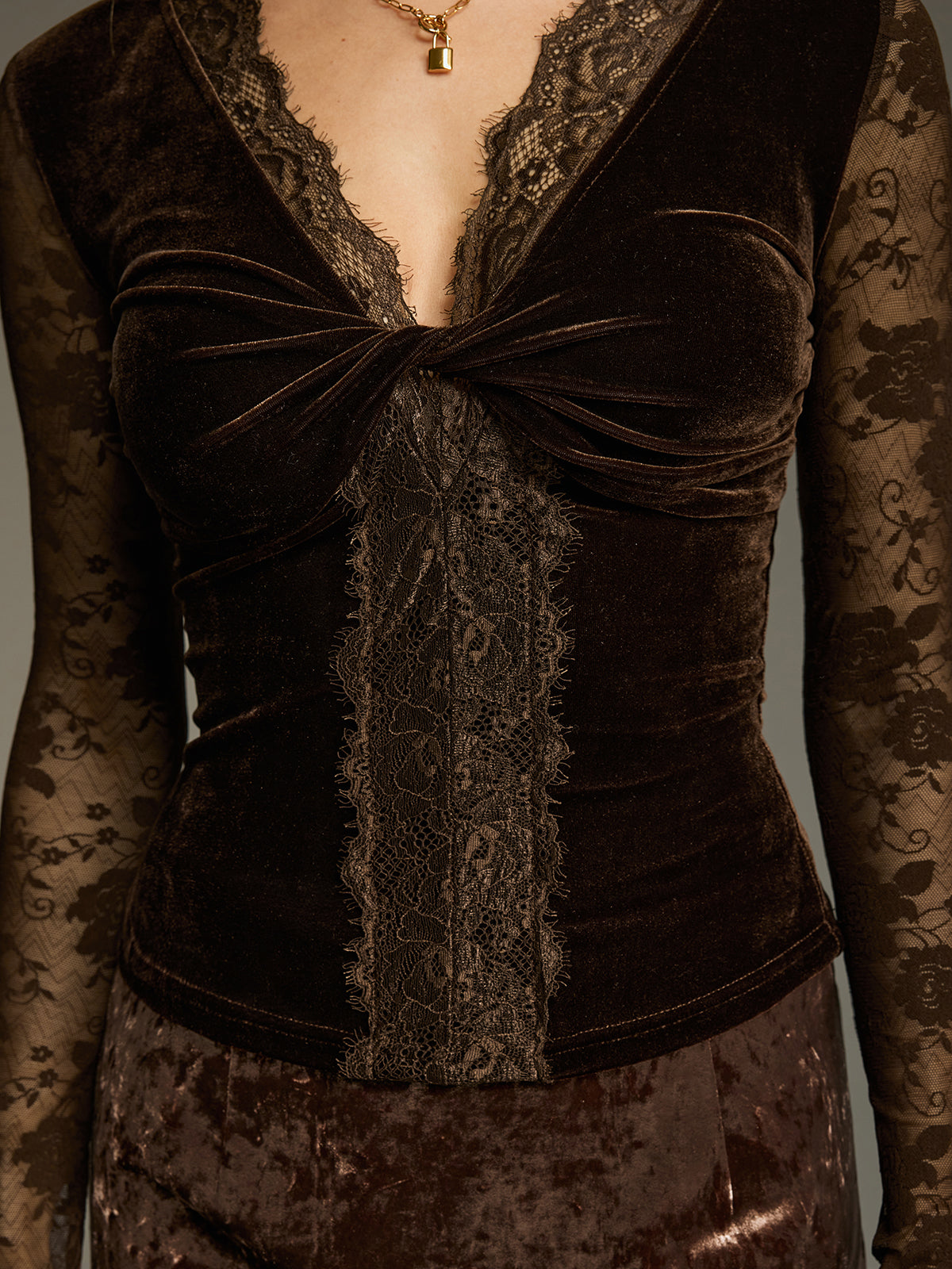 Velvet V-Neck Lace Panel Twisted Top