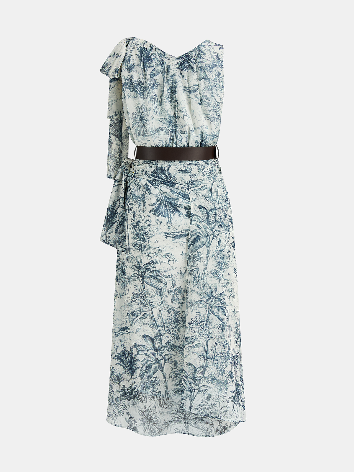 Belted Palm Print Tie-Shoulder Maxi Dress