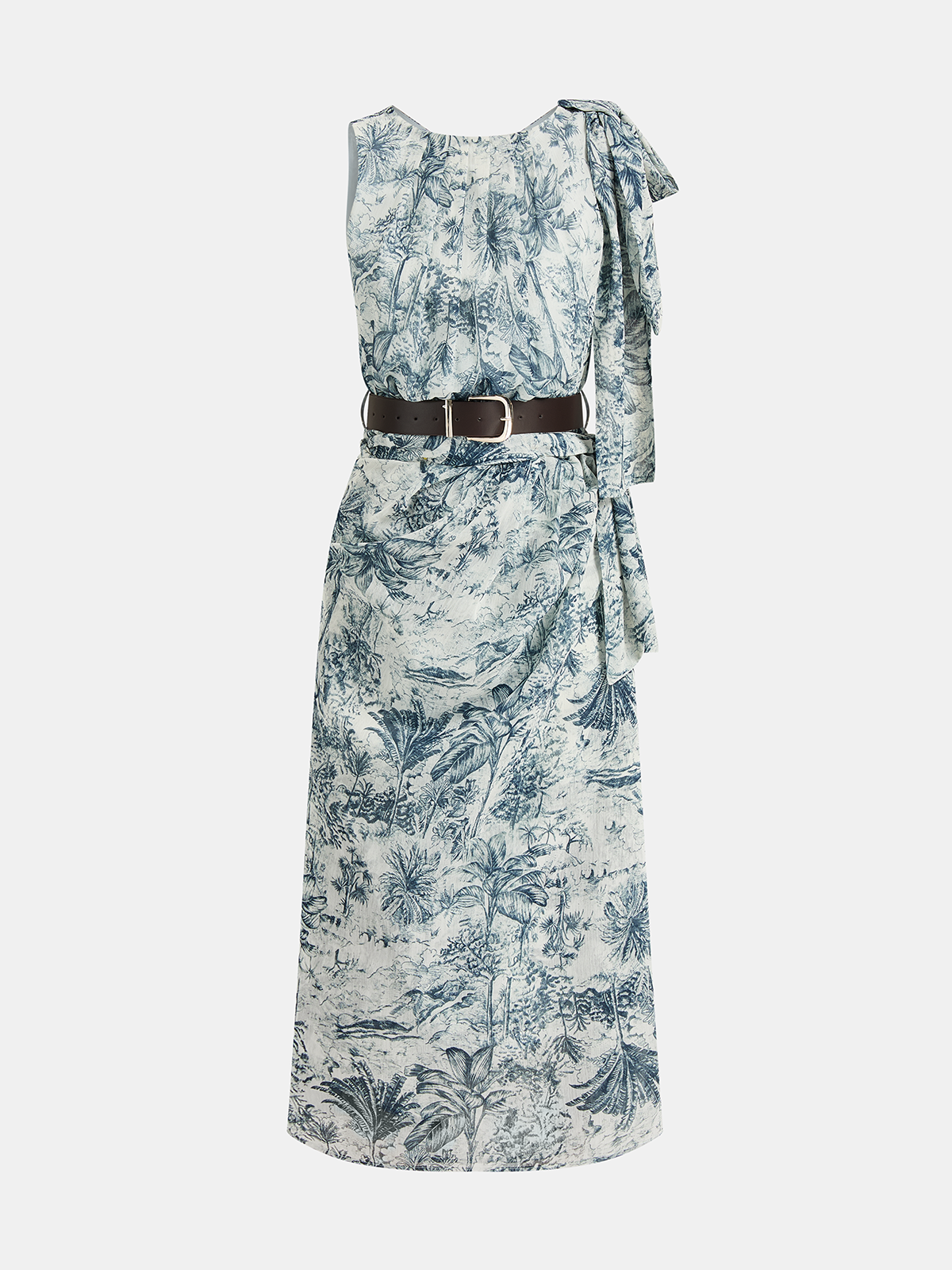Belted Palm Print Tie-Shoulder Maxi Dress