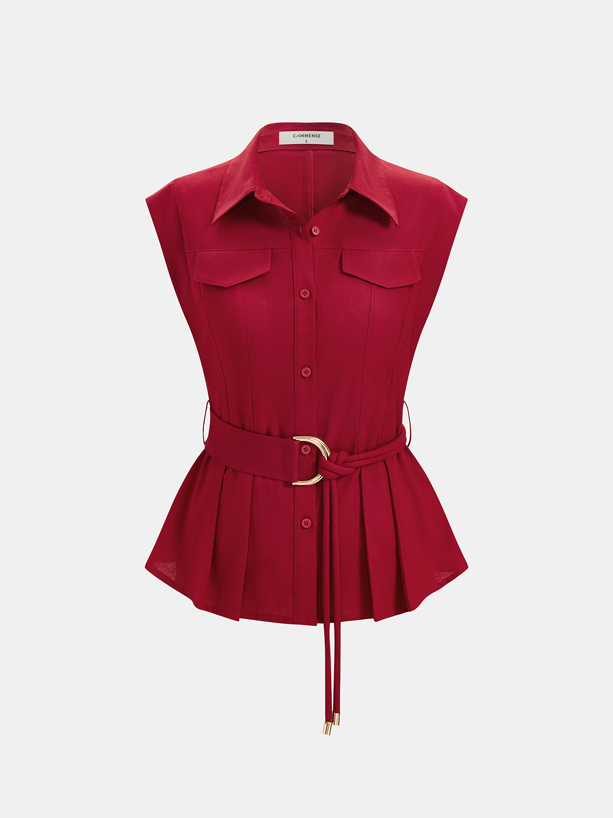 Sleeveless Collared Pleated Hem Belted Blouse