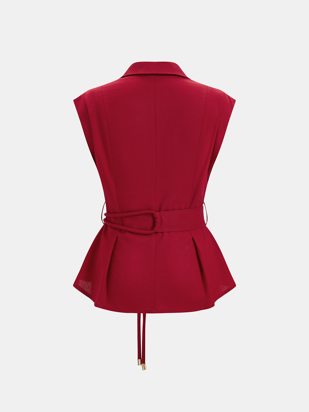 Sleeveless Collared Pleated Hem Belted Blouse