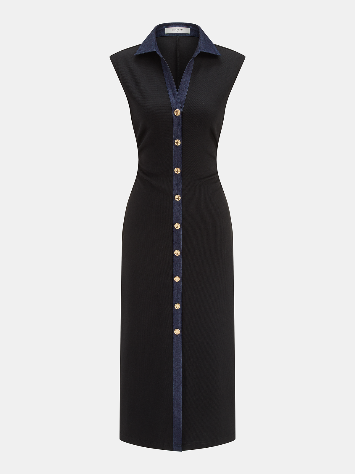 Denim Panel Sleeveless Buttoned Midi Dress