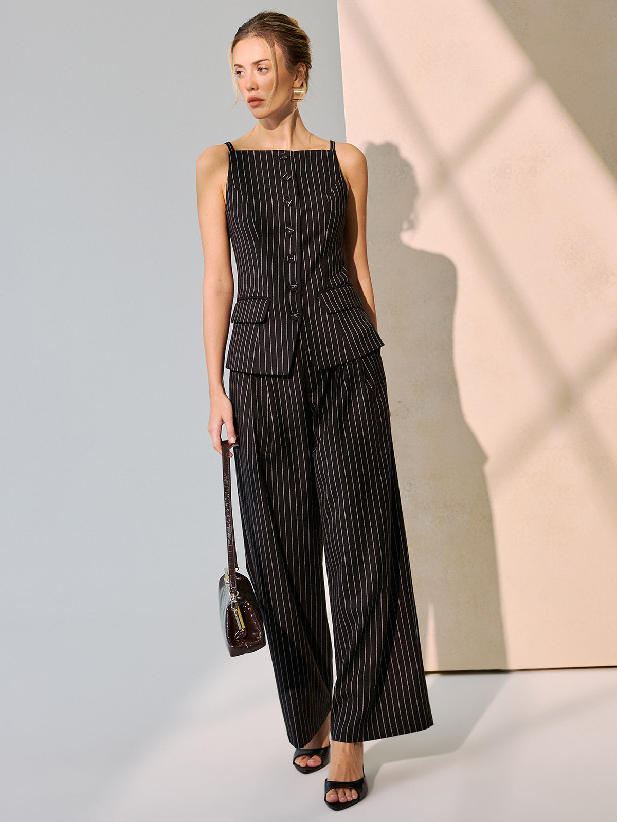 Pinstripe Cami Vest & Wide-Leg Pants Set