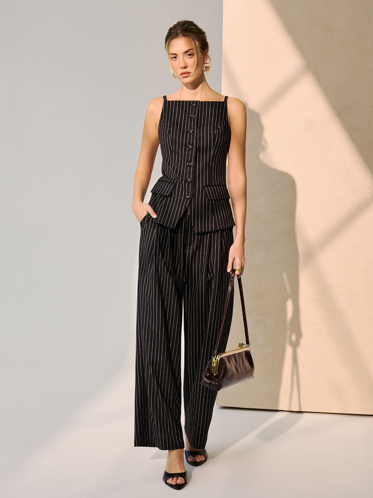 Pinstripe Cami Vest & Wide-Leg Pants Set