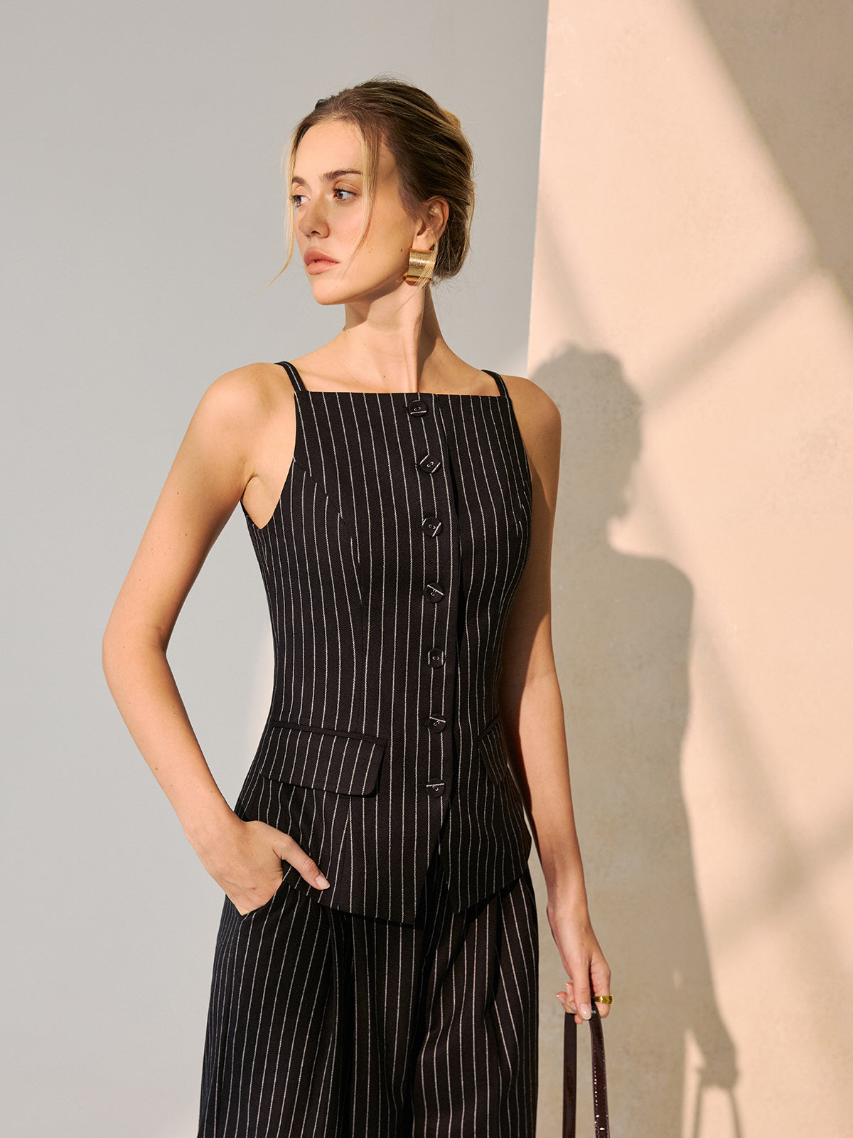 Pinstripe Cami Vest & Wide-Leg Pants Set