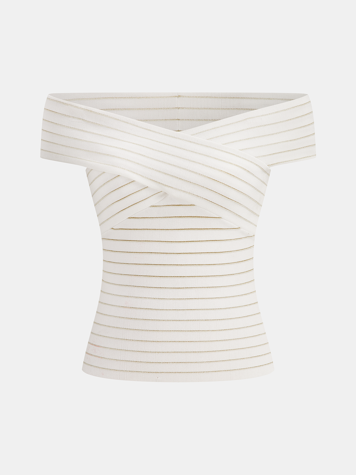 Off Shoulder Crossover Striped Knit Top