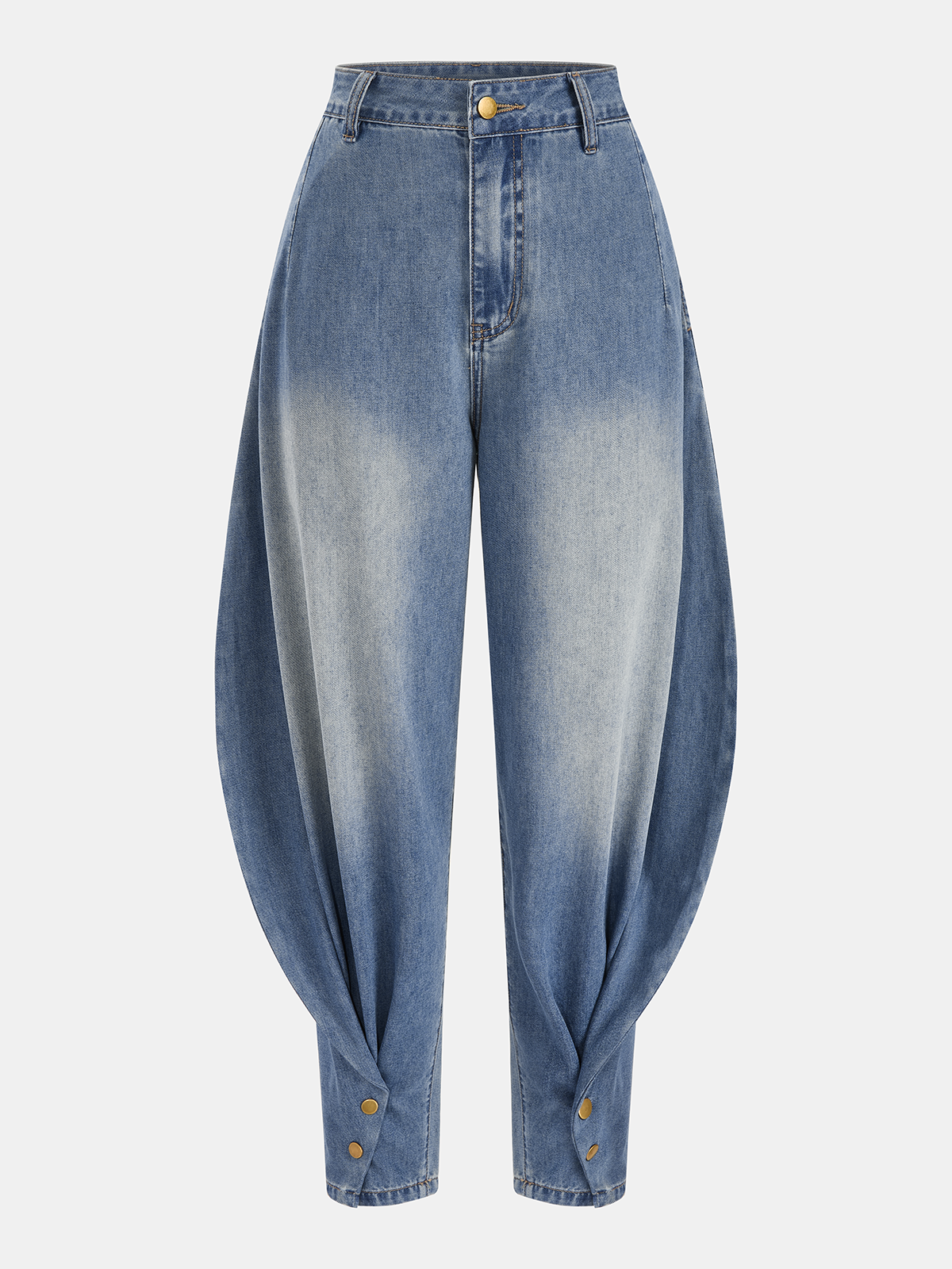 Buttoned Cuff Denim Mid-Waist Balloon Pants