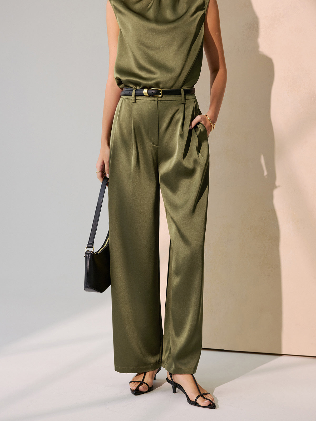 Satin Sleeveless Top & Wide-Leg Pants Set without Belt