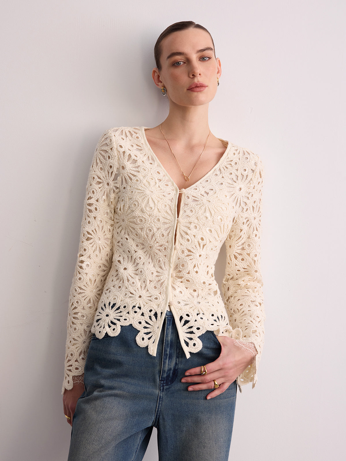 Cotton Crochet V-Neck Cardigan