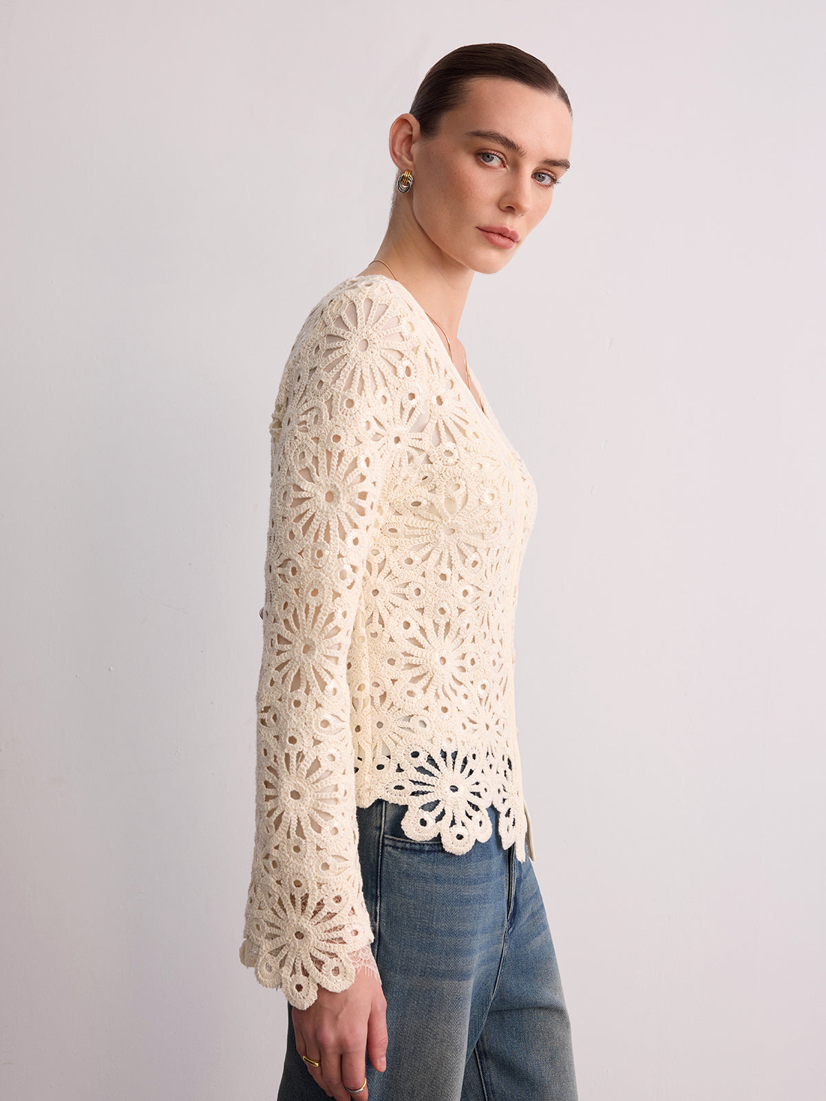 Cotton Crochet V-Neck Cardigan