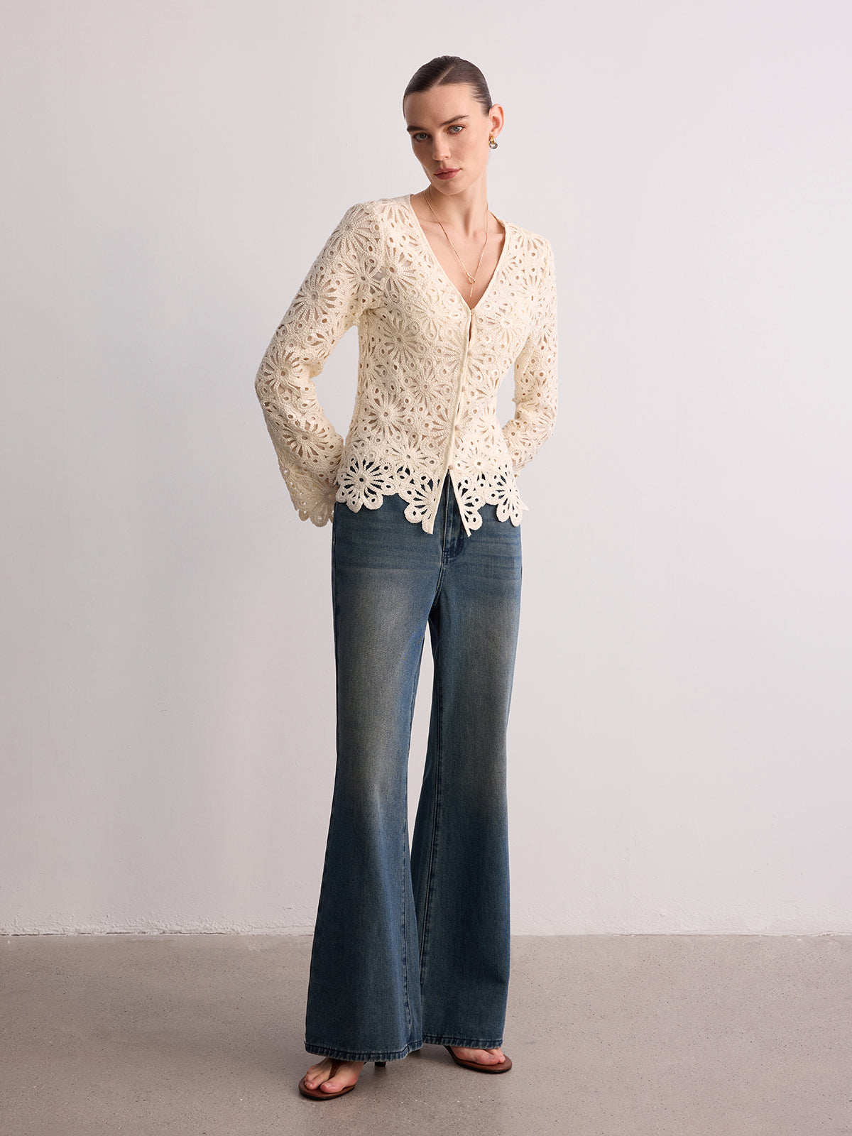 Cotton Crochet V-Neck Cardigan