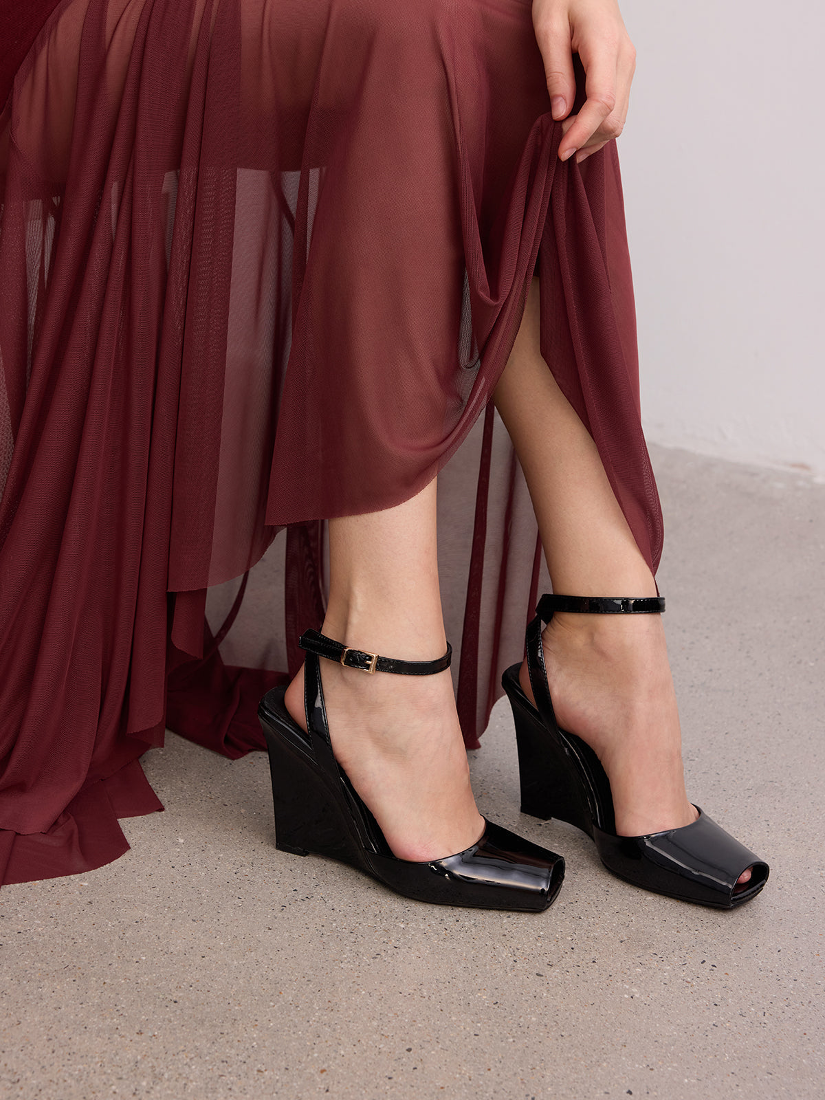 Square Toe Ankle Strap Wedge Shoes