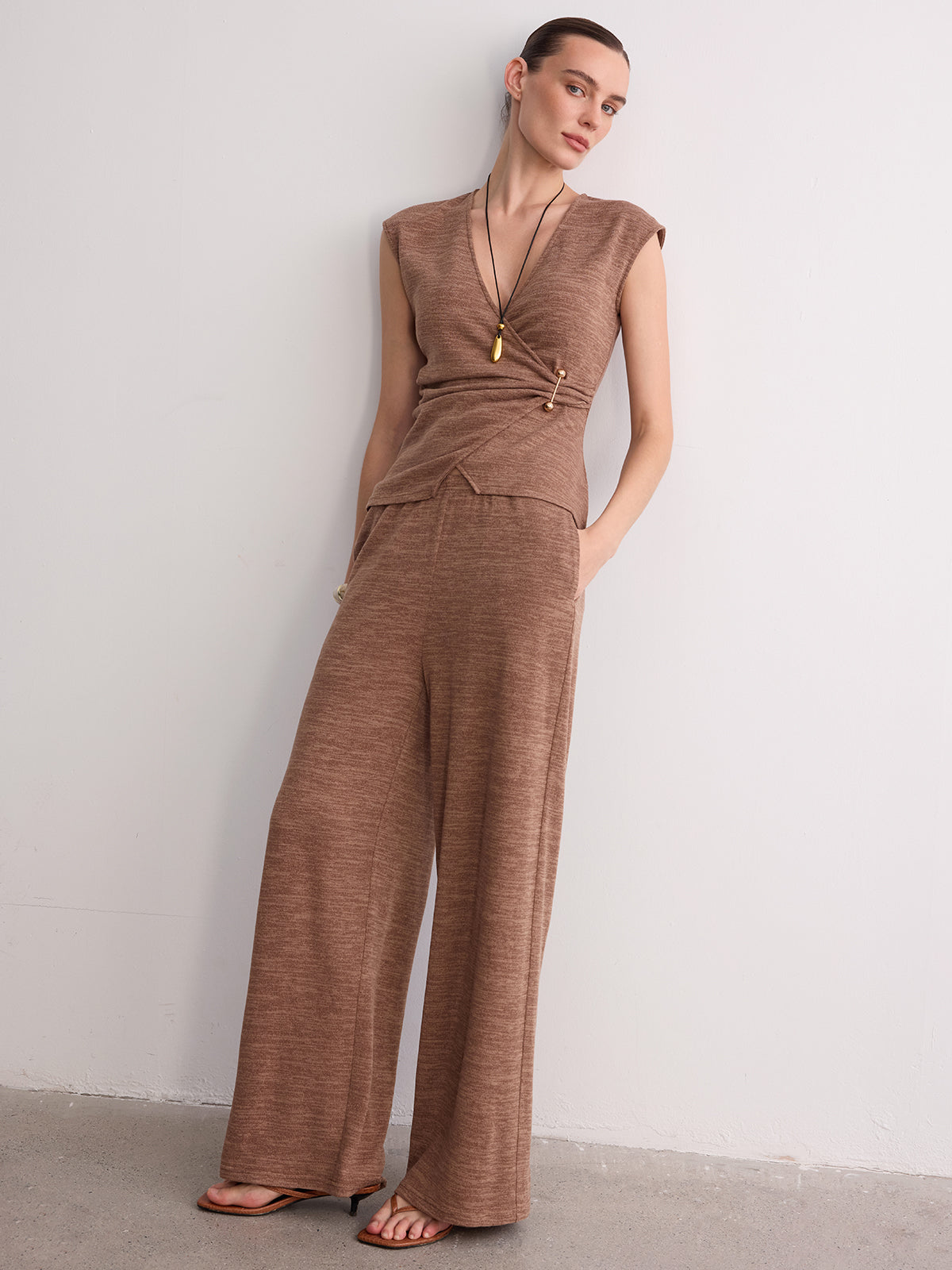 Wrap-Front Sleeveless Knit Top & Pants Set