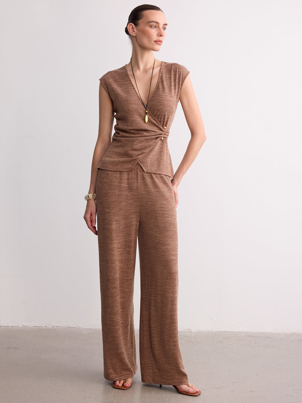 Wrap-Front Sleeveless Knit Top & Pants Set