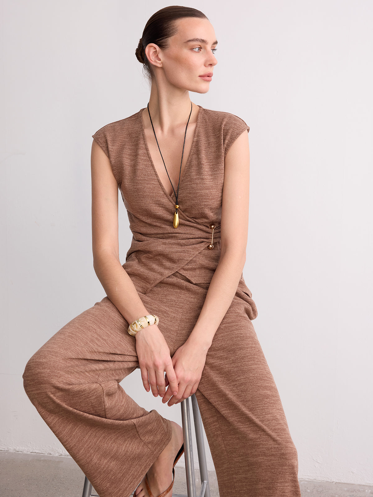 Wrap-Front Sleeveless Knit Top & Pants Set