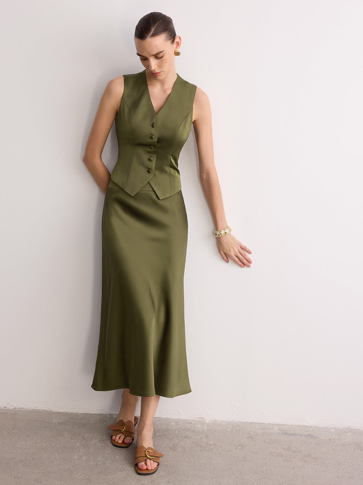 Sleeveless Satin Vest & Maxi Skirt Set