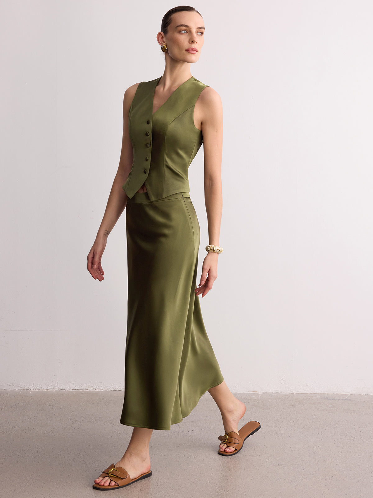 Sleeveless Satin Vest & Maxi Skirt Set