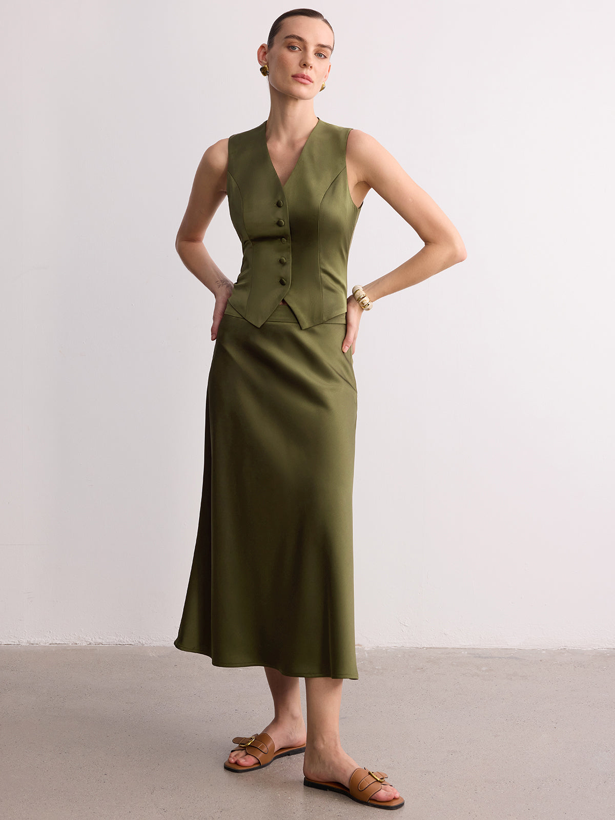 Sleeveless Satin Vest & Maxi Skirt Set