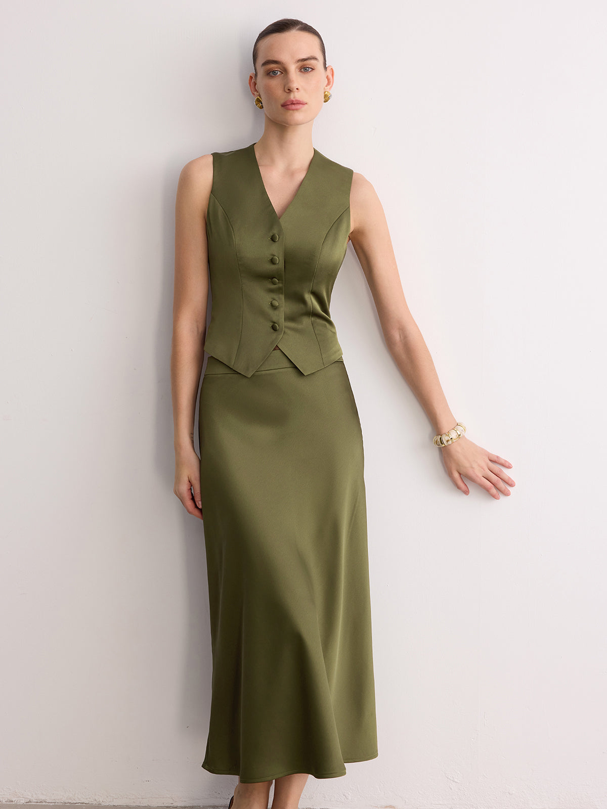 Sleeveless Satin Vest & Maxi Skirt Set