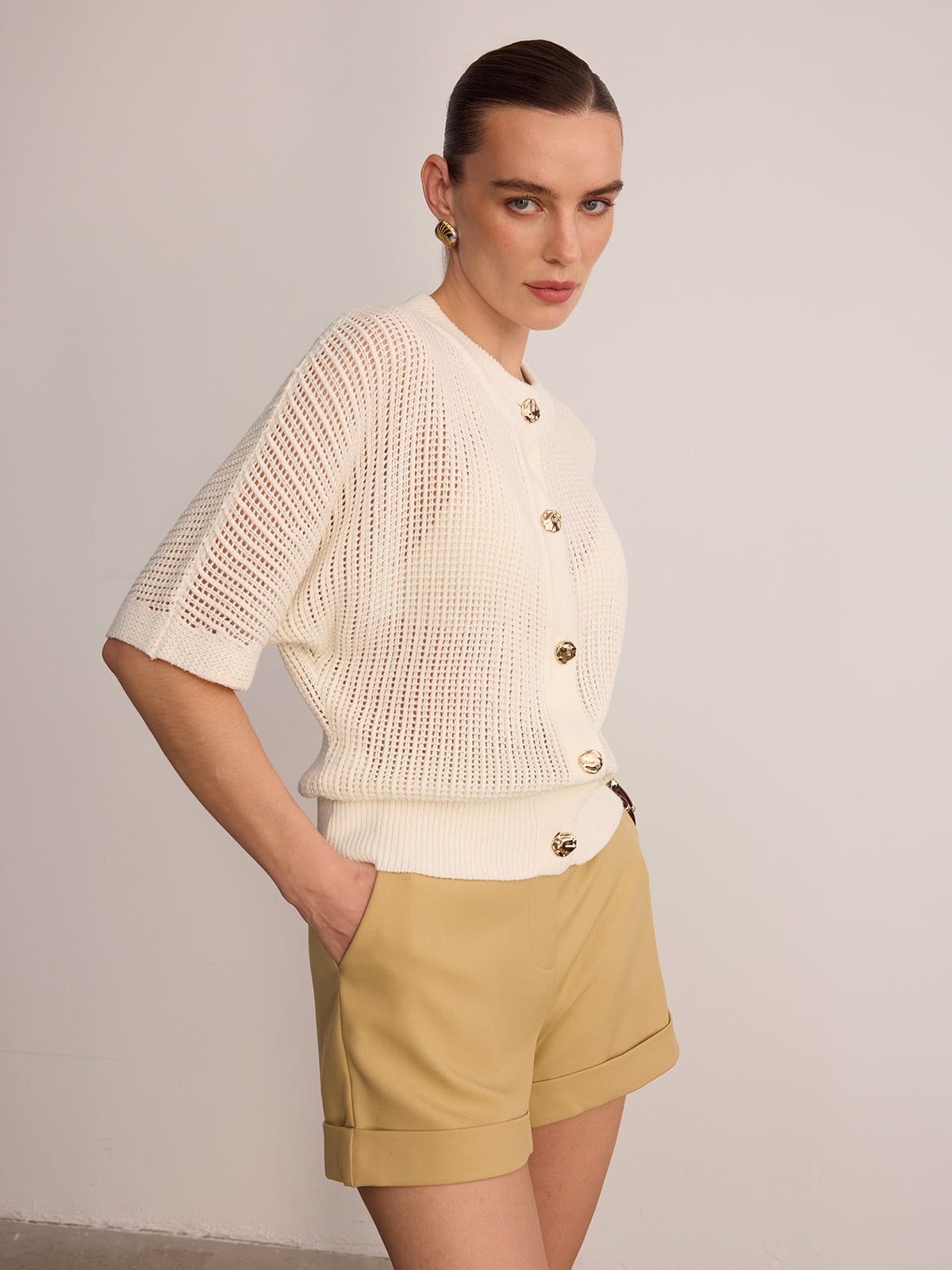 Metal Button Openwork Knit Cardigan