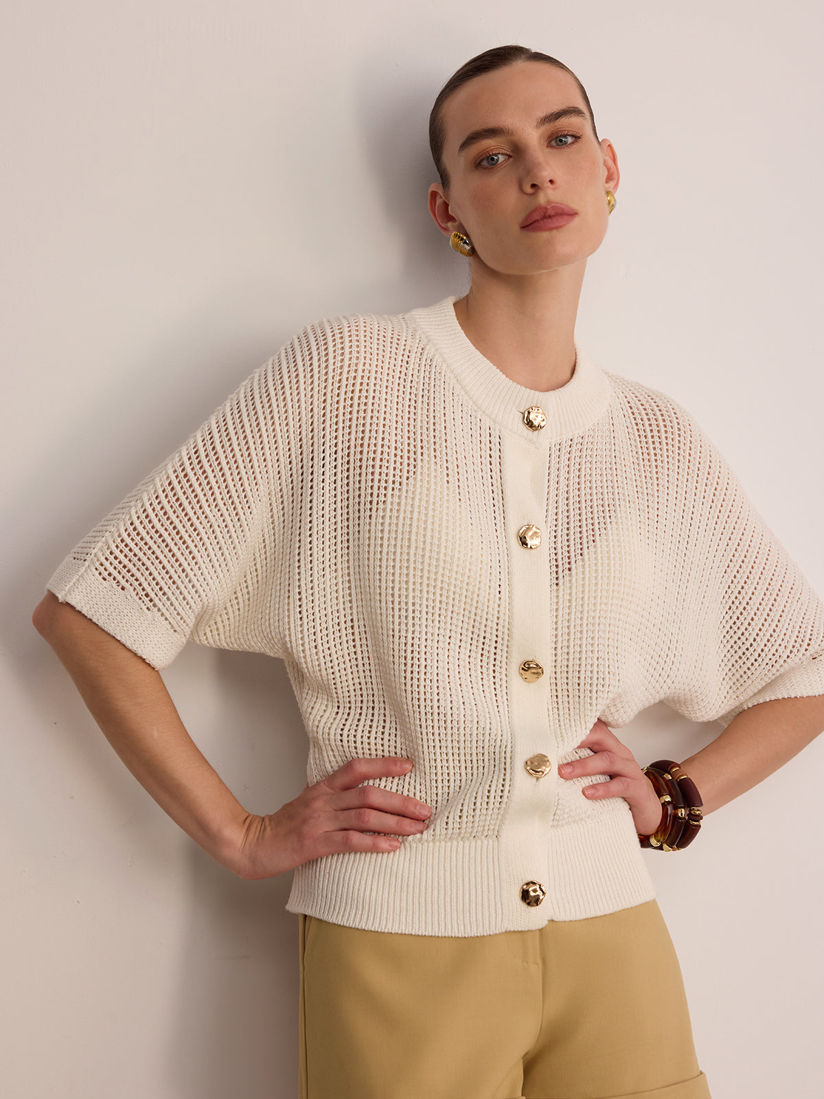 Metal Button Openwork Knit Cardigan