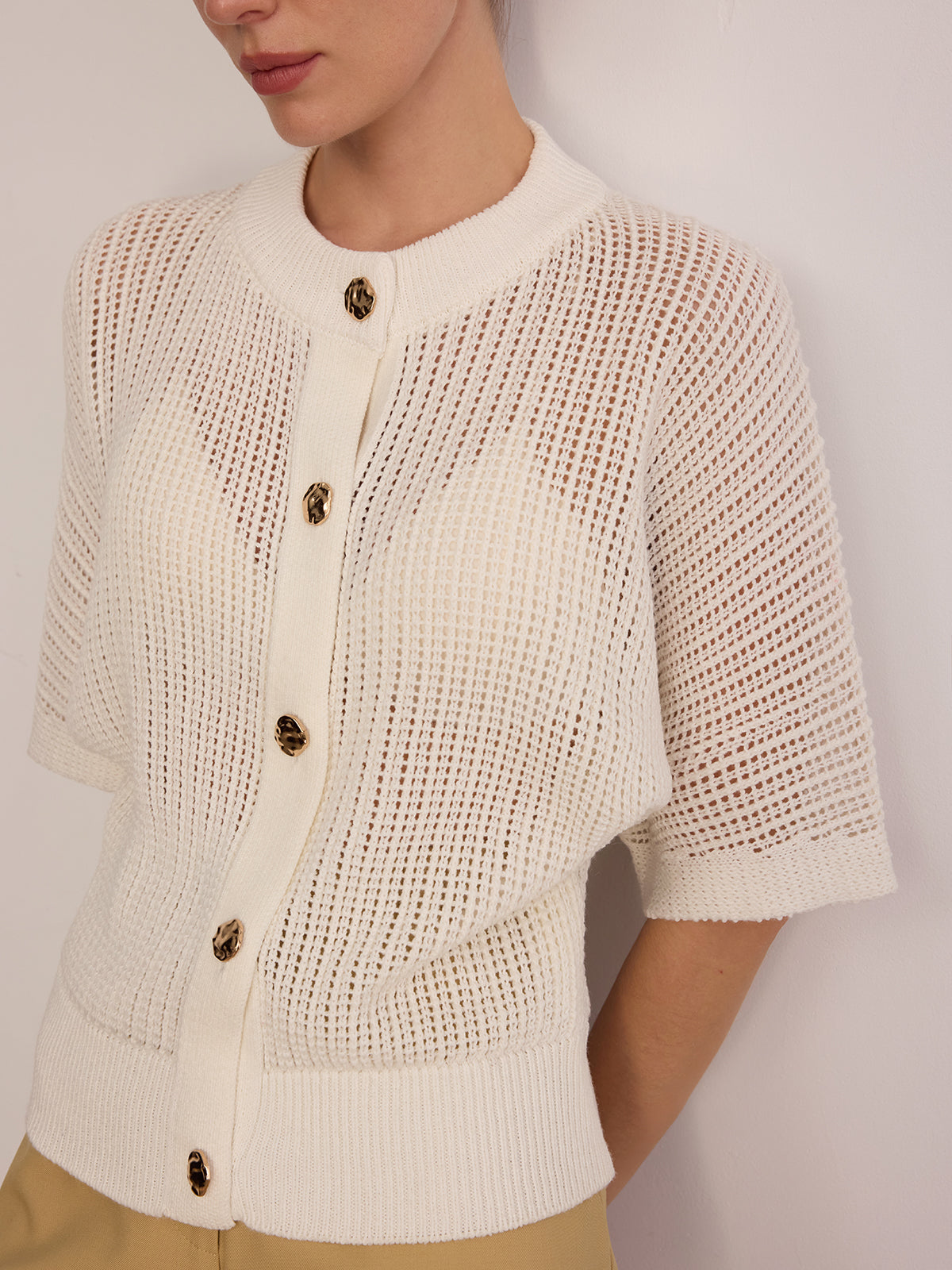 Metal Button Openwork Knit Cardigan